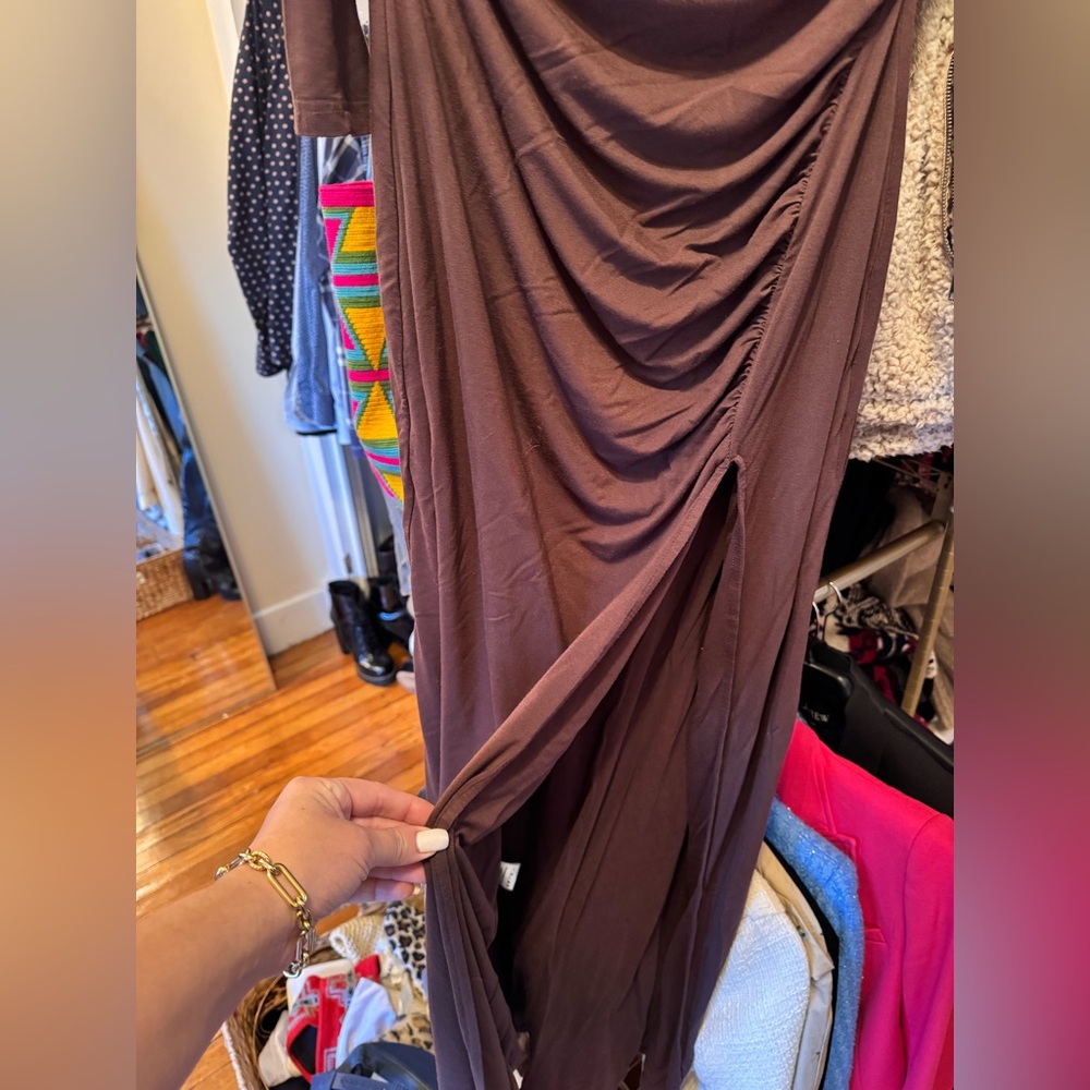 BUMPSUIT | Off The Shoulder Evening Dress in Chocolate - Picture 5 of 7